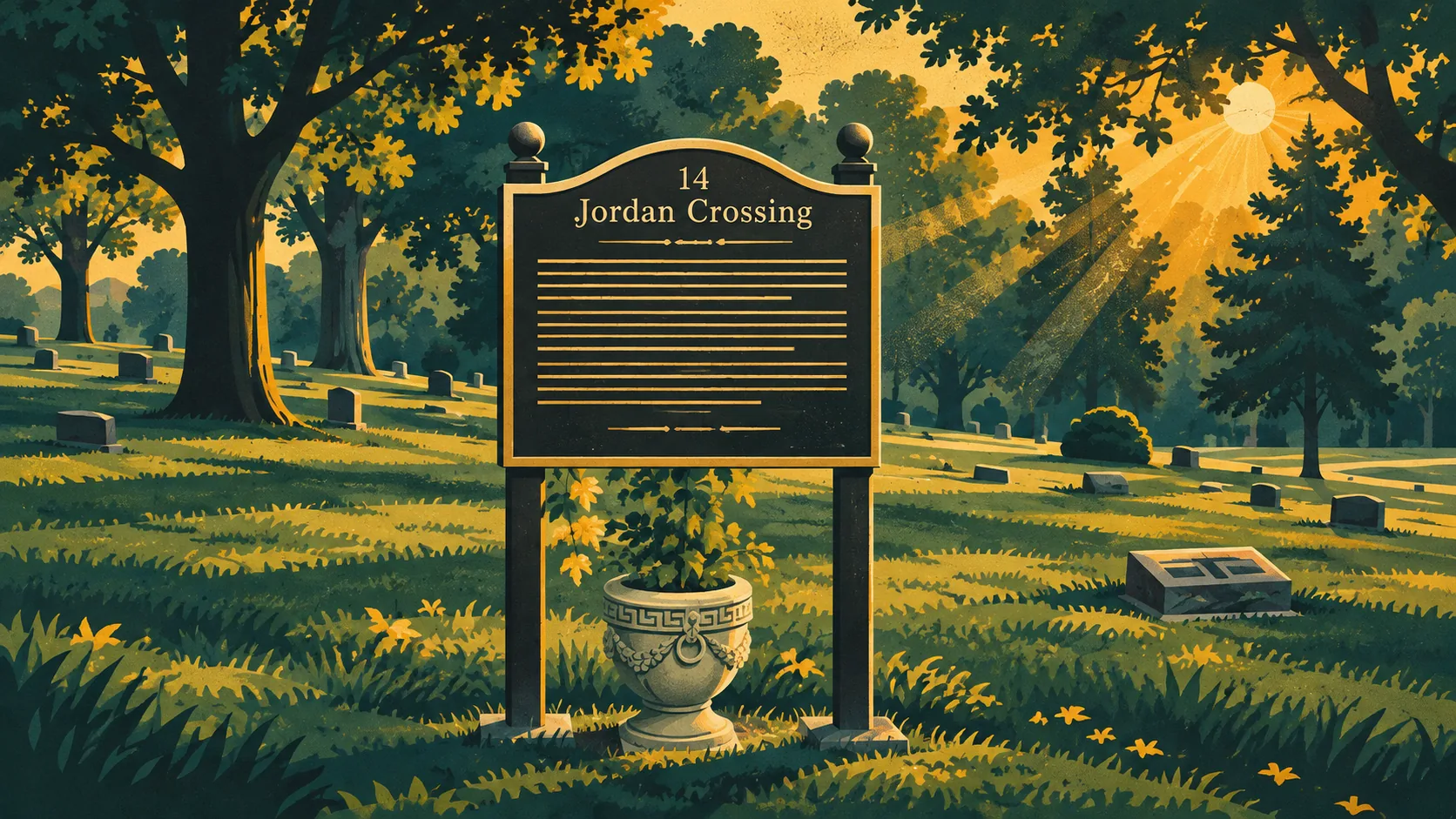 Illustrated hero image of the Jordan Crossing memorial plaque in Section 14 of Lindenwood Cemetery, rendered in the site's vintage poster style